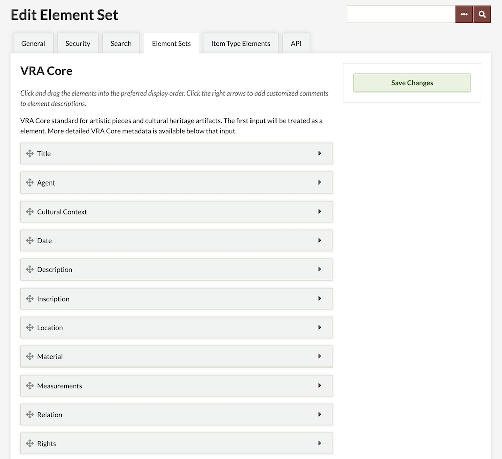 VRA Core elements in the Element Sets page