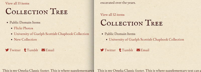 Collection tree displayed on logged-in and logged-out browsers, showing a difference in total items as well as child collections available.