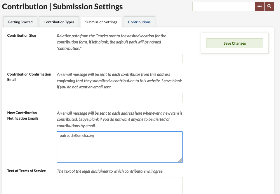 The submission settings page showing the first few fields, all blank
