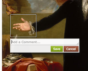 Middle of a painting depicting a torso dressed in black with an extended hand, palm up. There is a white rectangle around the hand - the annotation box - and immediately below it is a text entry field with a cursor, under which are "save" and "cancel" buttons
