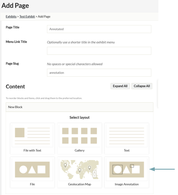 a red arrow points to the Image Annotation block in a set of five beige blocks at the bottom of an Omeka Exhibit page