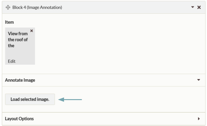 A detail of Exhibit page edits with the Image Annotation Block, with item Portrait of George Washington is available as the selected image . Below the item icon is a header for "Annotate Image" and a large red arrow points to the green "Load selected image" button