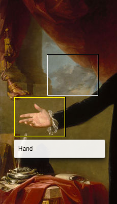A section of a painting showing drapery in front of a cloudy sky in the background, and in the foreground an extended arm in black clothing with a hand, palm up. A white-edged rectangle outlines one of the clouds. A yellow-edged rectangle surrounds the hand, with a caption below it stating "Hand"