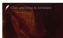 A cropped view of the upper right hand corner of an image with a red background, showing a quill feather icon with faint text "Click and drag to annotate"
