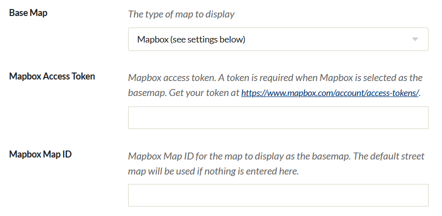 The dropdown for Base Map with MapBox selected is at the top, with the two fields described following. Both fields are empty.
