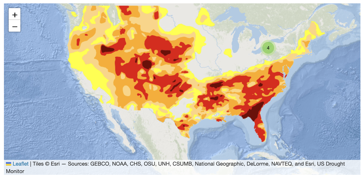A map using the "Ocean Basemap" with the US Drought Monitor map overlay, as described above, and a cluster of 4 map pins. The overlay attribution reads "US Drought Monitor".