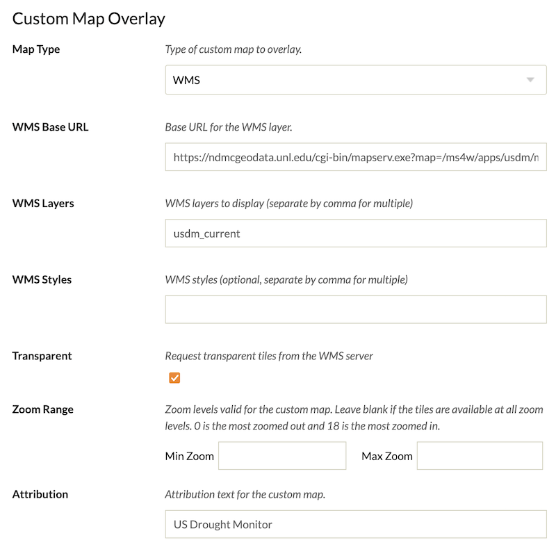 The fields available in the Custom Map Overlay settings section, as described below.