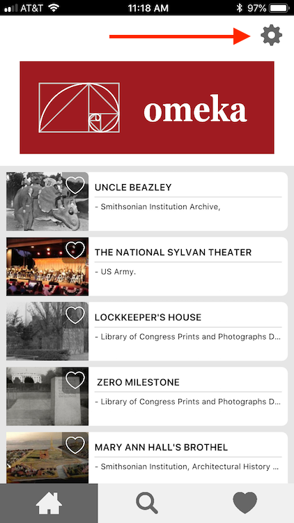 A red arrow points to the gear icon above the Omeka logo in the mobile app home screen
