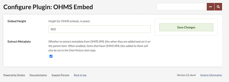 OHMS Embed configuration screen with Extract Metadata setting selected