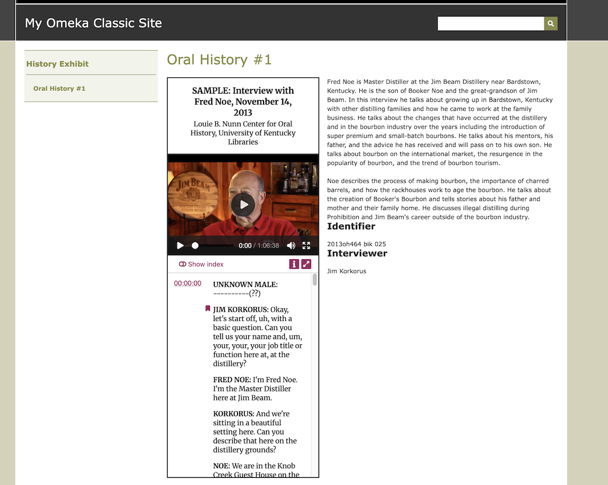 Omeka Classsic exhibit page with a file and text block containing an OHMS embed