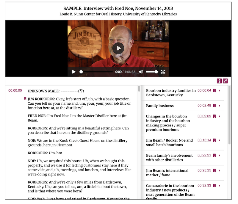 A public display of an OHMS viewer in an Omeka page, with a small video above, a transcript on the left, and an index on the right.