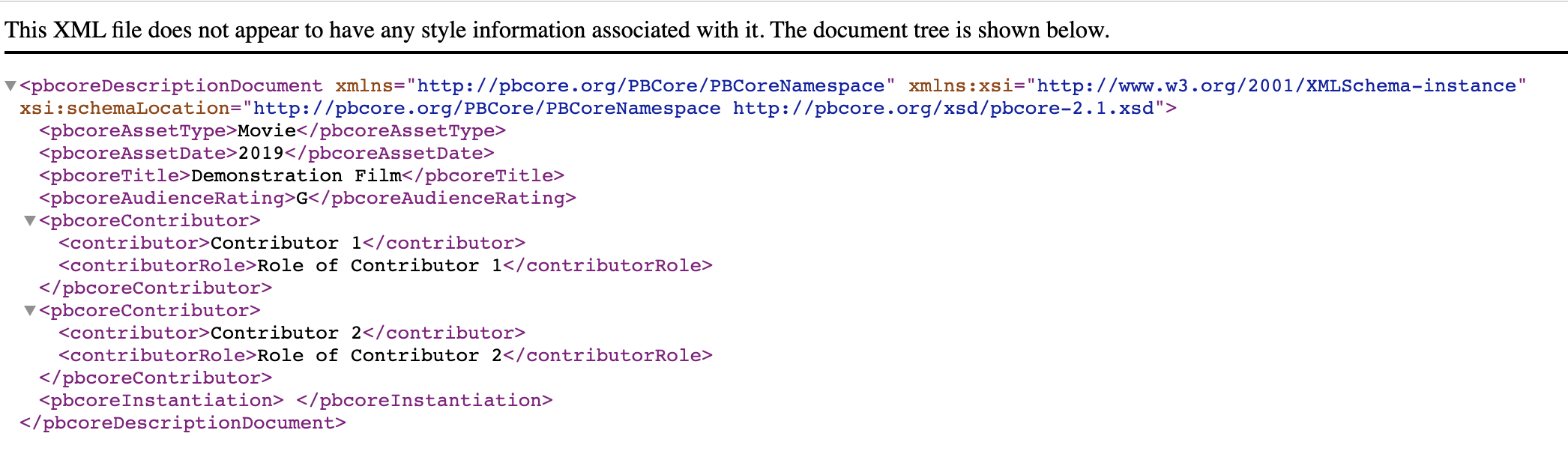 Generated XML from the PBCore metadata. Shows container element "Contributor" with sub-elements "contributor" and "contributorRole" containing the values "Contributor 1" and "Role of Contributor 1"