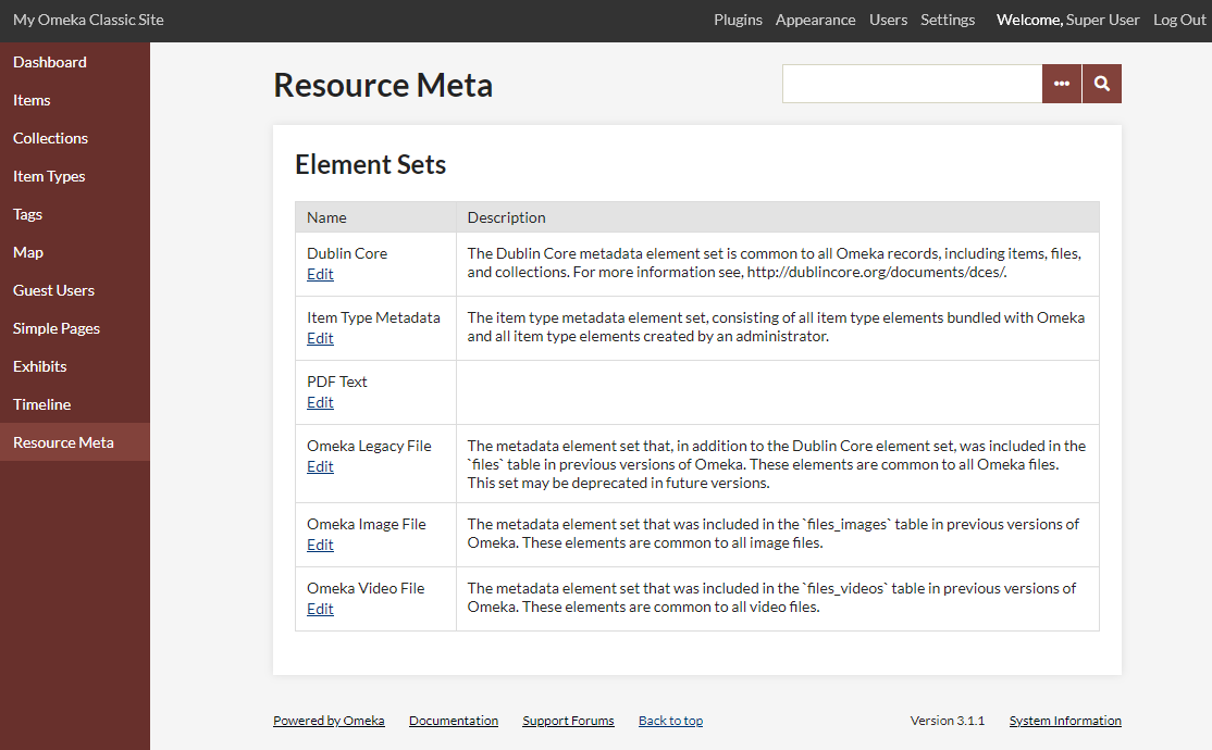 The configuration page showing an installation's element sets and their current meta settings.
