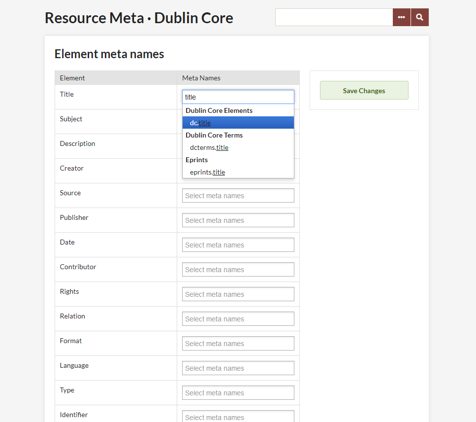 An element set's meta settings being edited, showing a dropdown displaying meta tags matching a "title" text search.