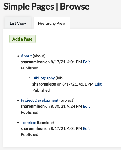Hierarchical view of Simple Pages browse