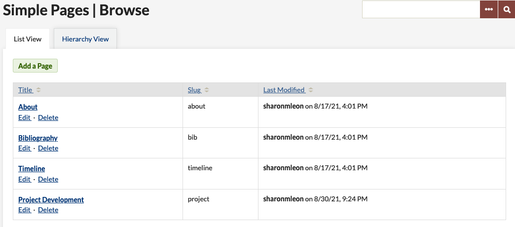 List view of Simple Pages Browse
