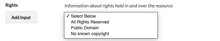 Dropdown selector for the Rights element with options for Copyright, Creative Commons, and Public Domain