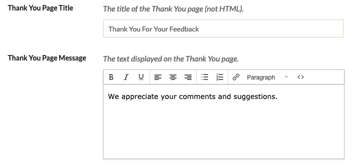 thank you page settings
