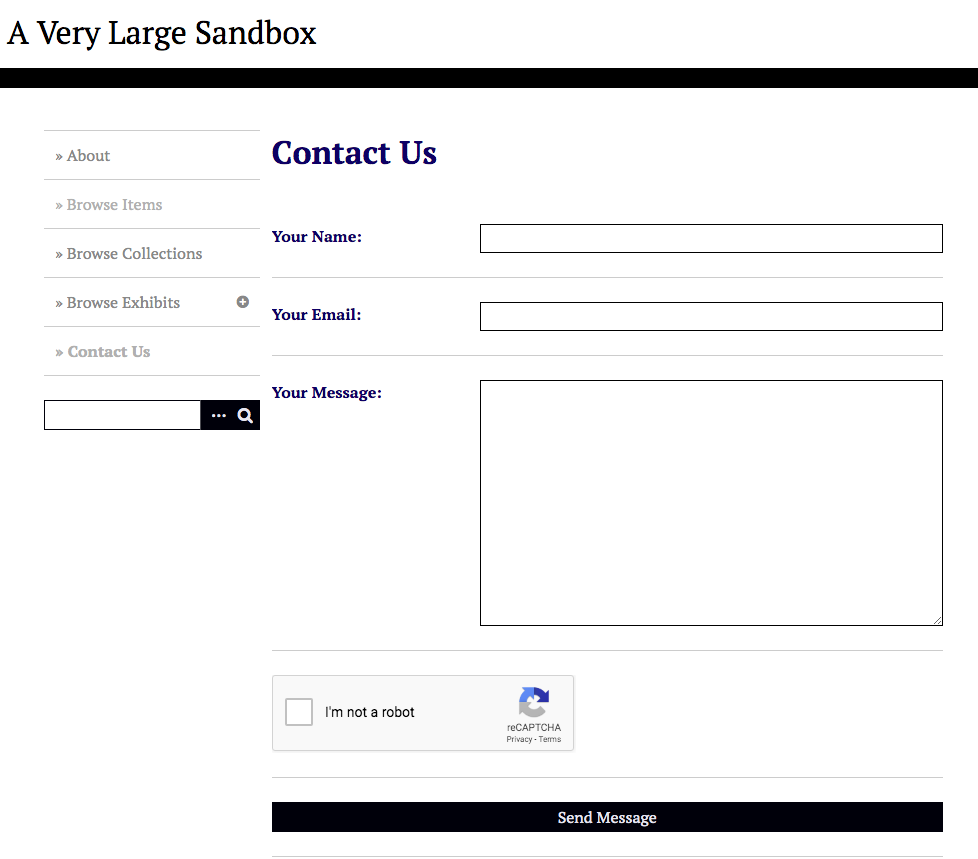 Contact Us page. The navigation menu for the site is on the left side of the page. In the main content area are two small fields for Name and Email entry, and a large text area for entering a message.