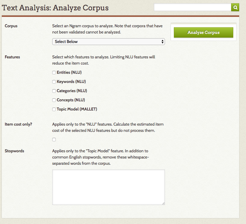 Blank Text Analysis analyze a corpus page with no data entered in the fields. Options are as described below