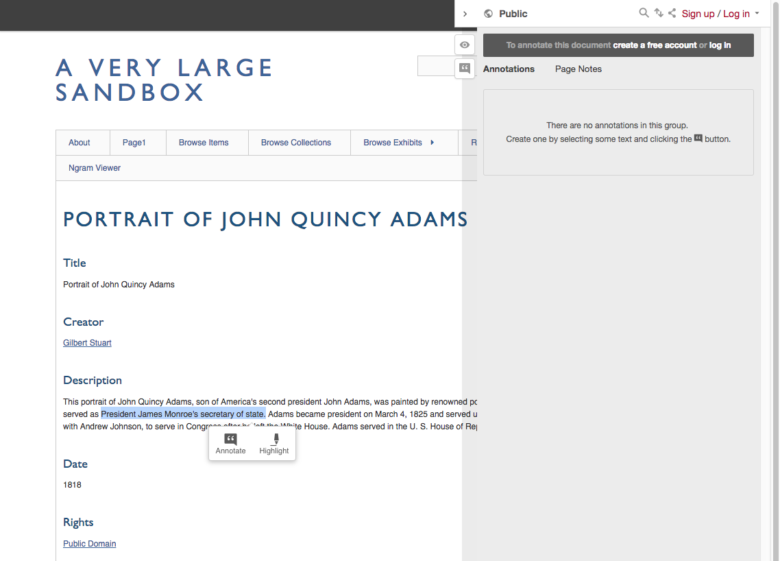 Text annotation options on the right hand side of a browser window, overlaying the metadata for the item "Portrait of John Quincy Adams by Gilbert Stuart"