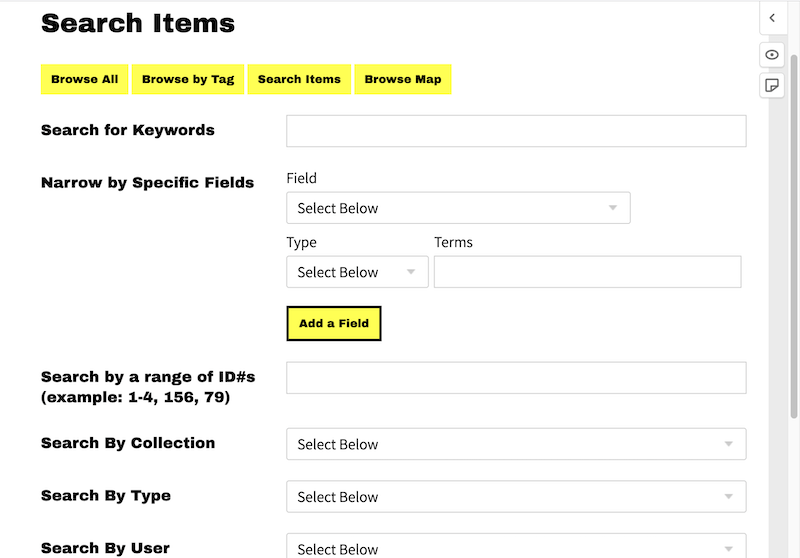 The advanced search page of a site shows a small right-hand sidebar with three buttons.