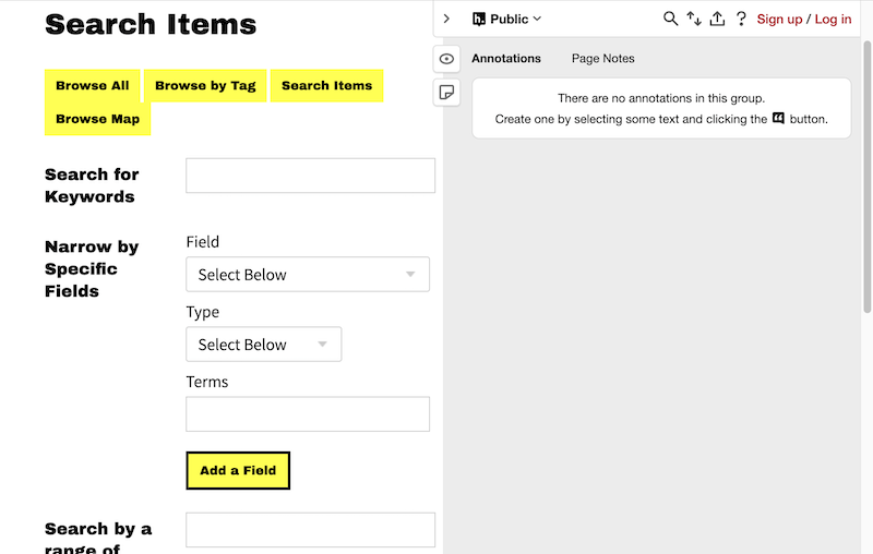 Text annotation options on the right hand side of a browser window, next to an advanced search page.