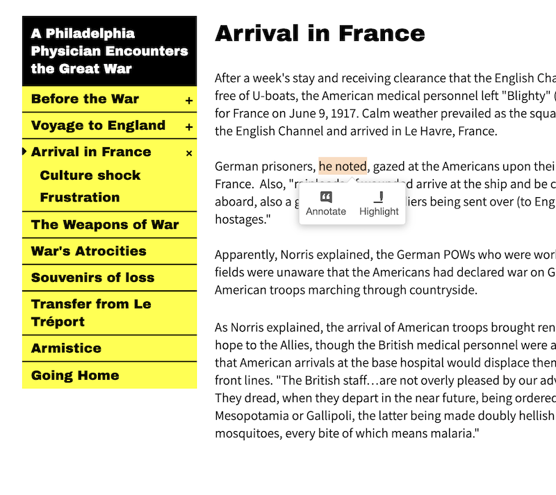 Some page text is selected, and a tooltip is showing under the selection with options to "Annotate" or "Highlight".