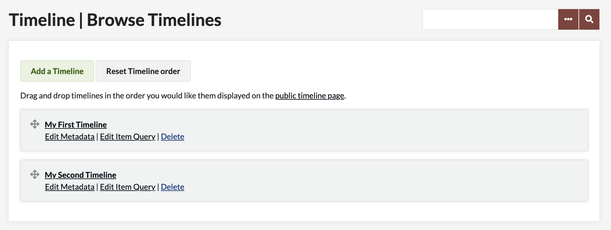 Existing timelines listed on browse timeline page