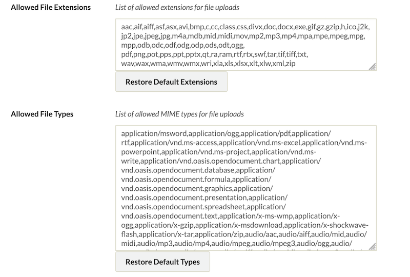 Security settings view for Allowed file extensions and Allowed file types with XML added to the lists.