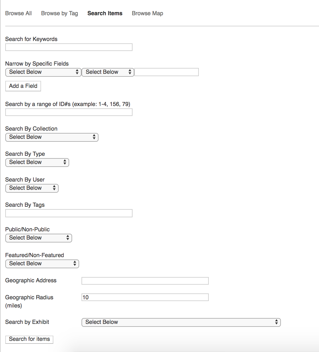 Public view of the advanced search options, as described in the list below. Text is all black, on a white background.