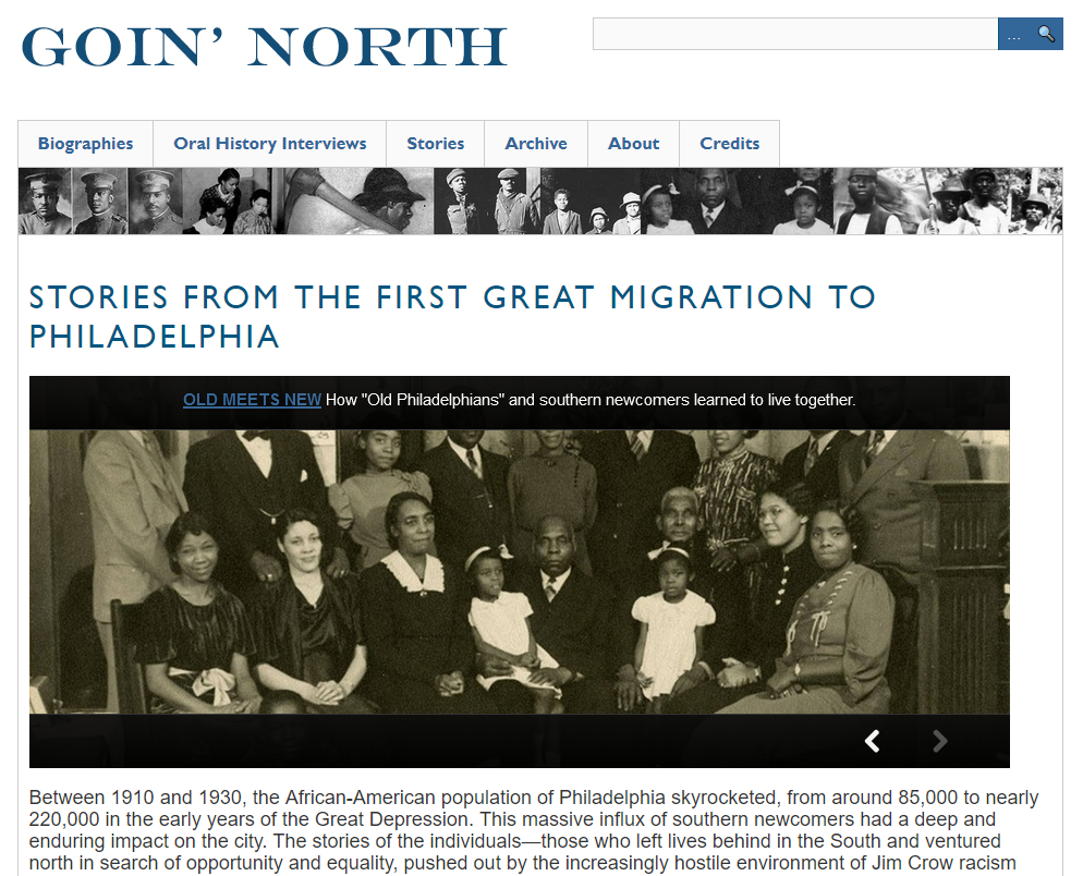 A front page of an Omeka Classic installation, with a navigation bar that includes "Biographies", "Oral History Interviews", "Stories", "Archive", "About", and "Credits". The homepage displays a slideshow of images, with links to exhibits, and a paragraph of introductory text.