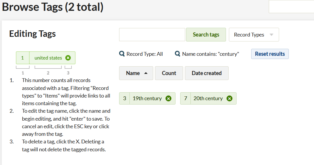Browse tags page showing the results of a search for the word "century". Two tags are displayed - 19th century and 20th century, and above them is an icon of a magnifying glass with the text "Name contains: century"