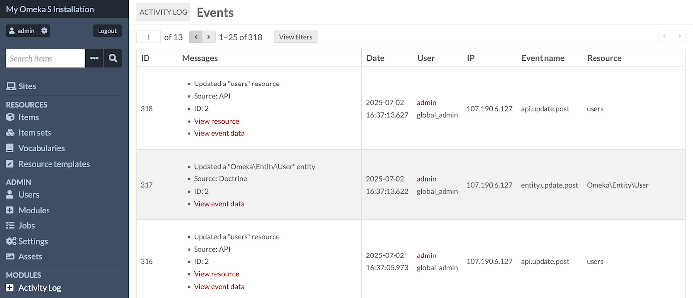 Screenshot of Activity Log interface