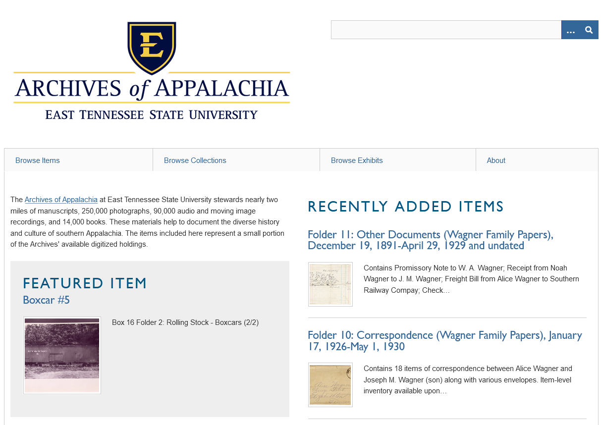 Screenshot of Archives of Appalachia homepage with a header, introductory text, a featurd item, and recently added items