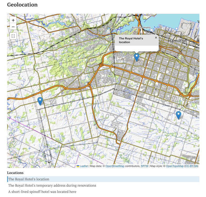 Geolocation Item Map with location list showing 3 entries