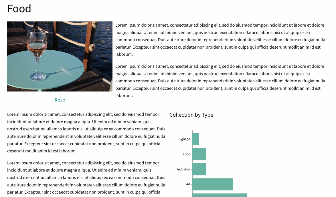 Screenshot of page built with layout page builder interface including an image of a wine glass on the left and text to the right with text below and a bar chart to the right