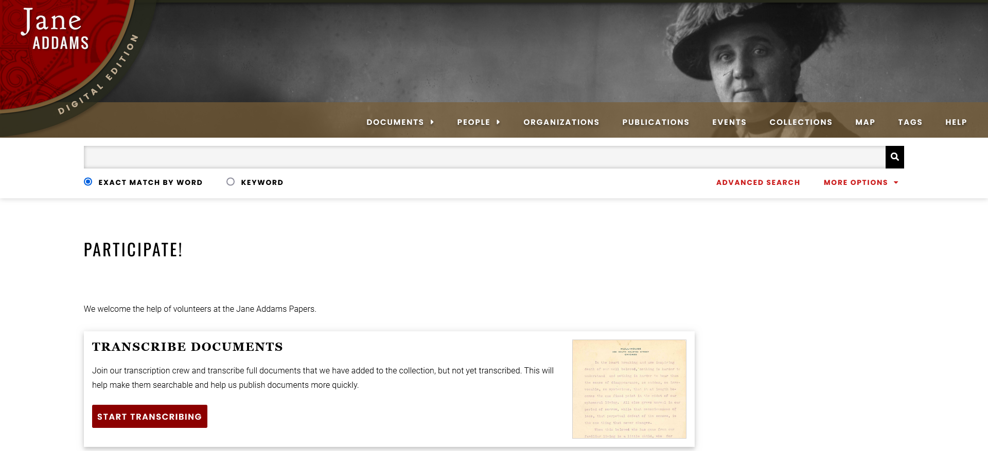 Screenshot of Jane Addams Digital Edition site
