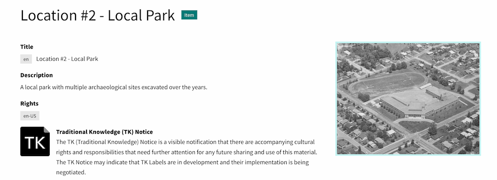 Screenshot of Traditional Knowledge Notice integrated in Omeka site
