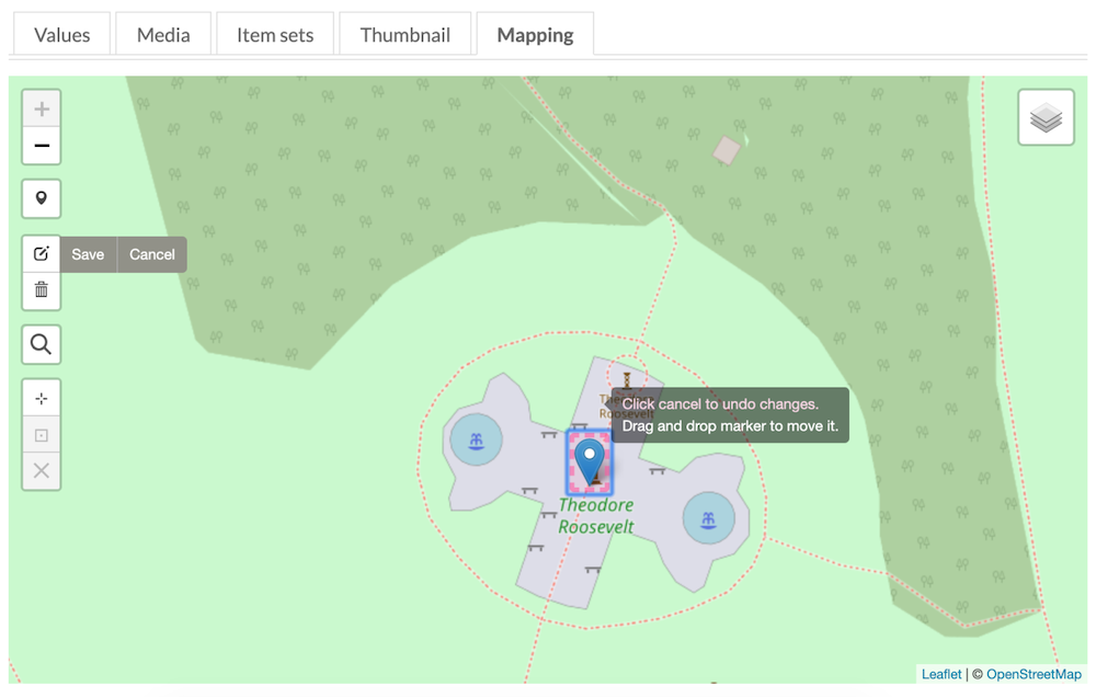 Screenshot of an Omeka S Mapping Module interface with a Leaflet Open Street Map focused on Theodore Roosevelt Island.