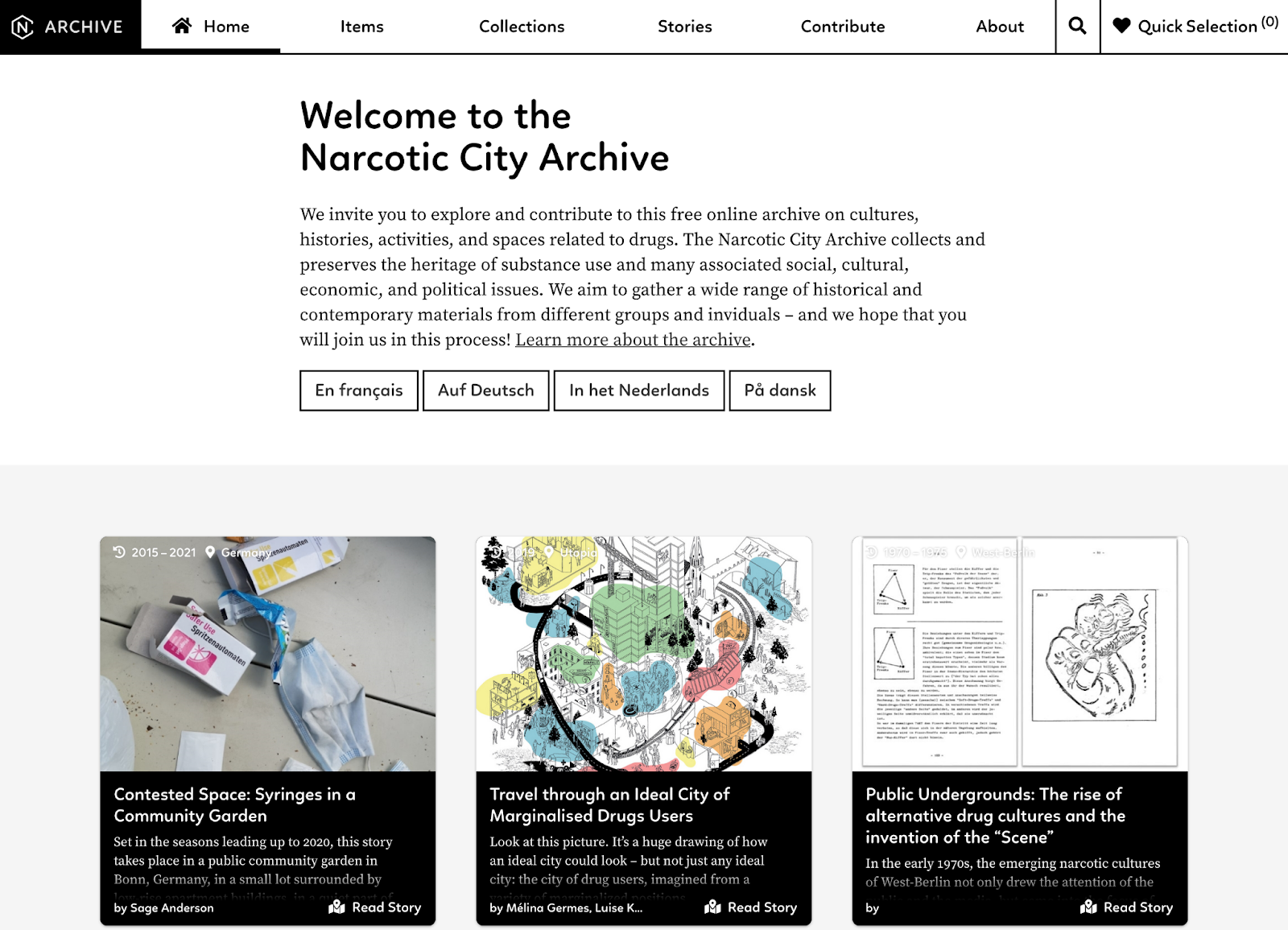 Screenshot of Narcotics City Archive homepage with a header, introductory text and three featured exhibits