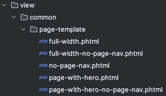 Screenshot of a file directory, with the "view" directory at the top. It contains the subdirectory "common", which contains the subdirectory "page-template". The "page-template" directory contains a ".phtml" file for each page template.