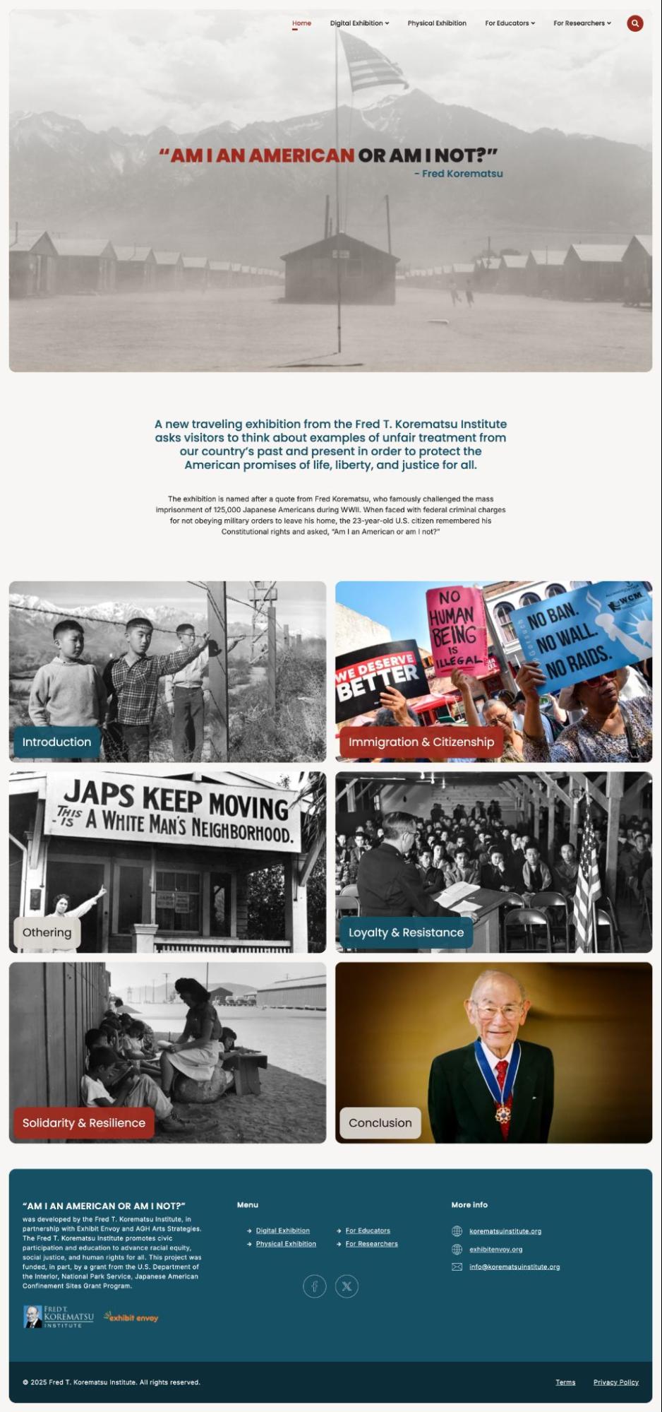 Screenshot of the landing page for "Am I An American Or Not?" It features the site title over a hero image up top, followed by a short text intro. There is then a 2x3 grid of page links accompanied by related photo backgrounds. The bottom has a text footer.