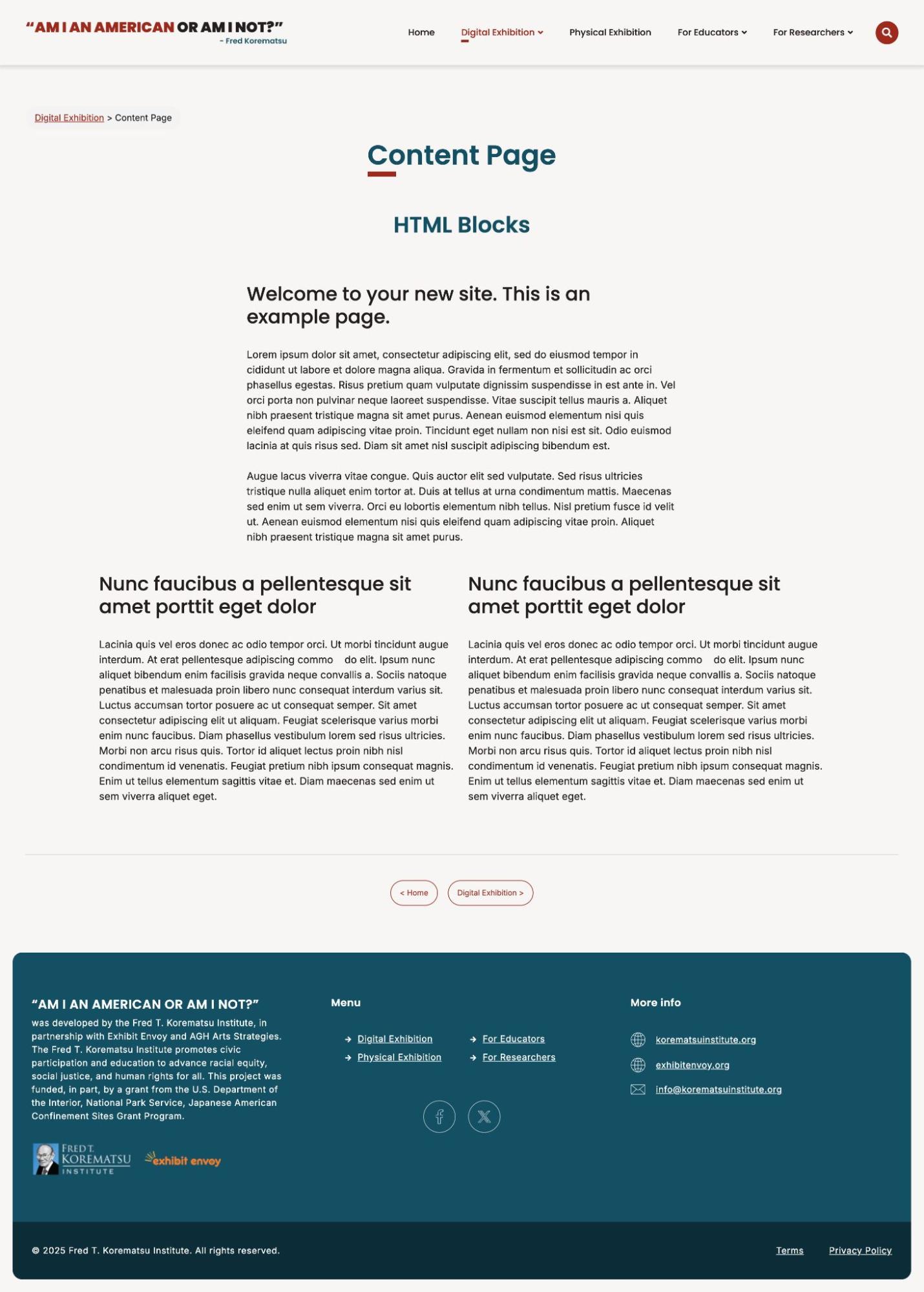 Screenshot of the default page template using boilerplate content. There is a navigation banner, centered heading, and subheading. The first content row has a single centered text column. The second has two text columns, followed by navigation that takes the user to the previous and next pages. The main content area has spacious left and right margins.
