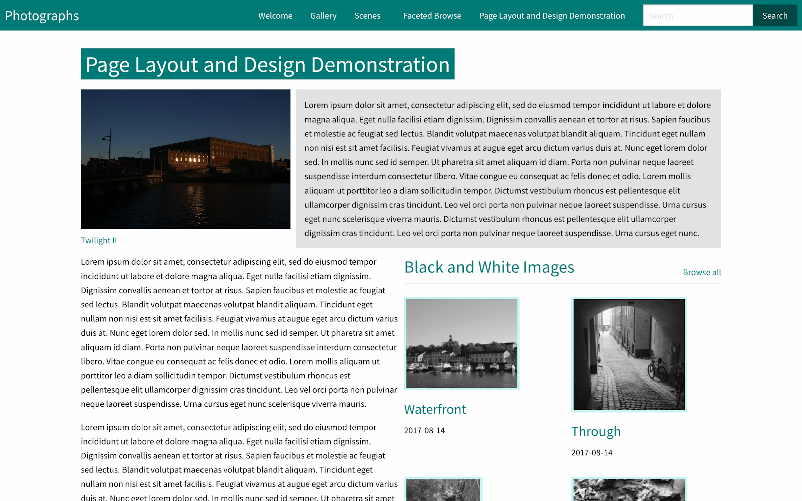 Screenshot of an Omeka S site page featureing a lead image in one column with the rest of the width filled by a highlighted text box; text column that takes up half the screen beside a gallery of item thumnbails that takes up the other half of the width.