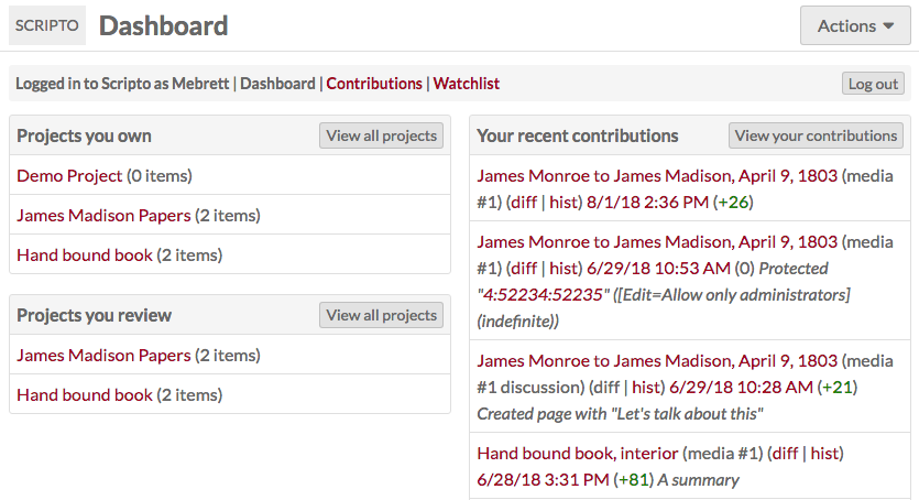 Admin view of the Scripto module for Omeka S, showing three tables: Projects you Own, Projects you review, and Your recent contributions. The logged-in user owns three projects and has recently edited four documents.