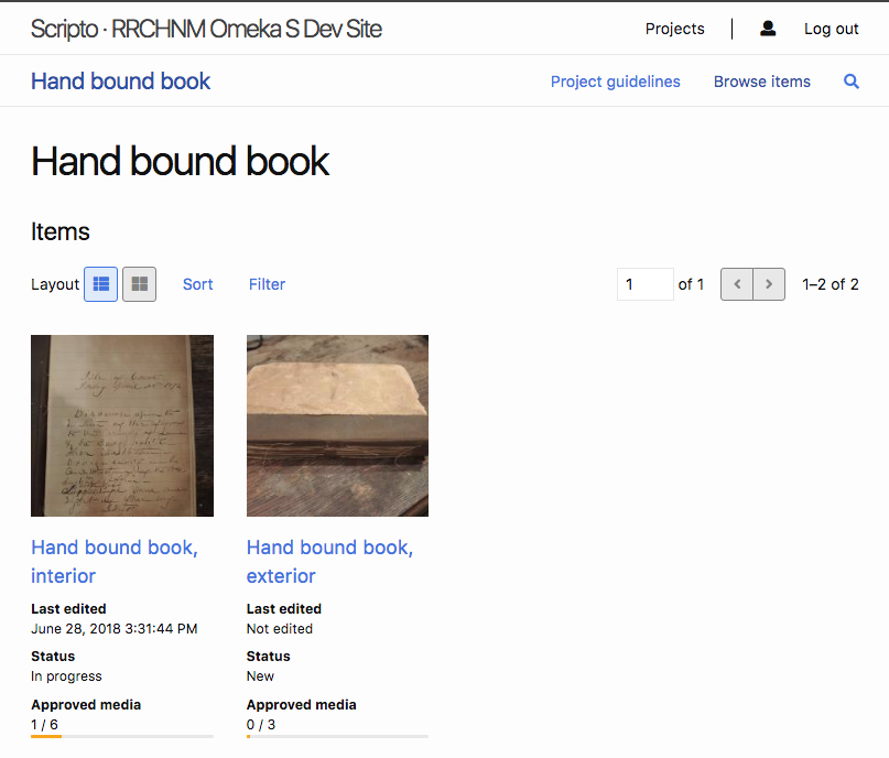 Public side view of the Scripto project Hand bound book. There are two thumbnail images, each with a label, and below the label is a progress bar showing how much the document has been transcribed or described.