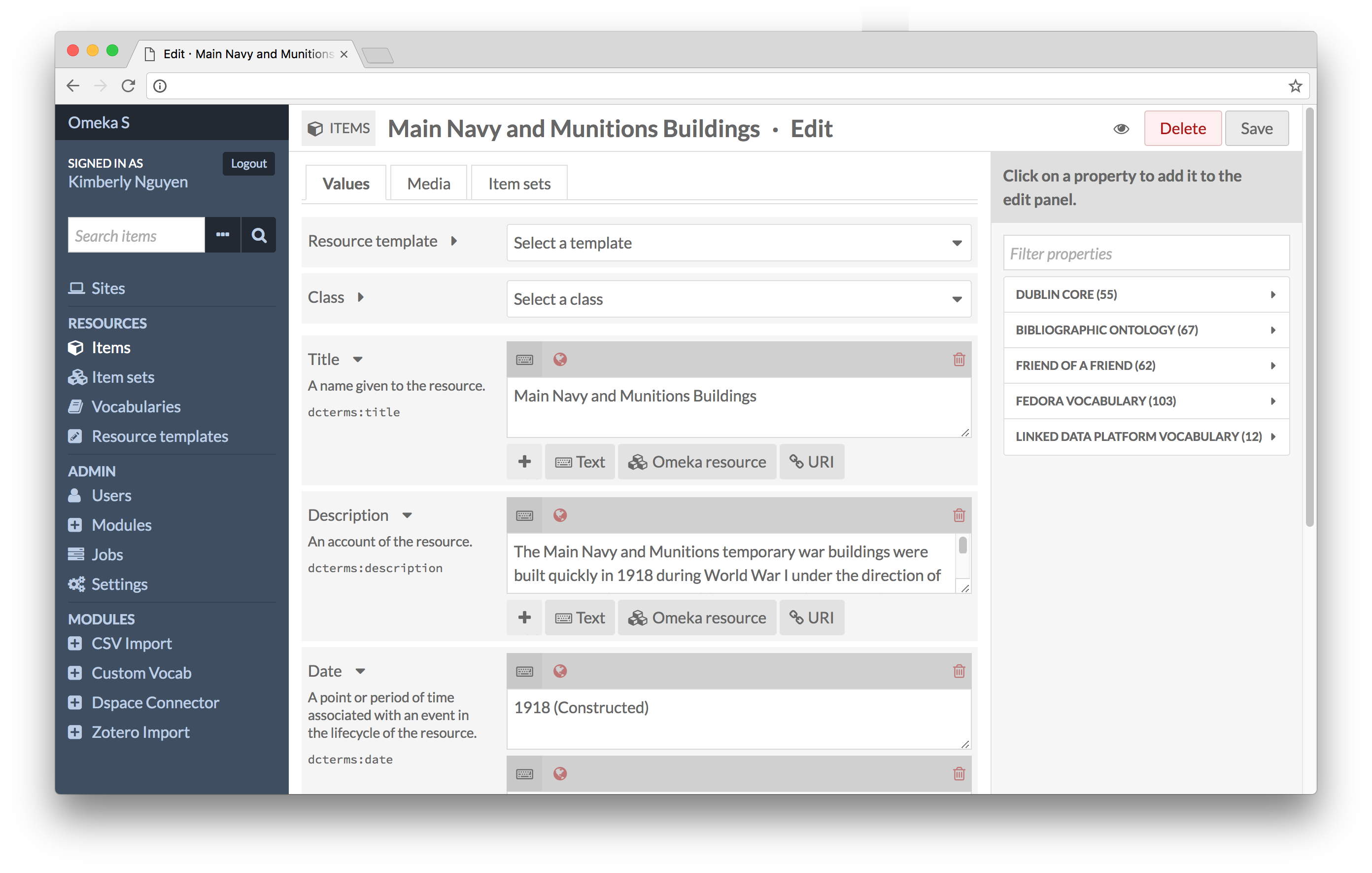 Screenshot of metadata editor interface within Omeka S admin