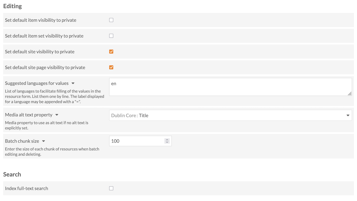 Editing and Search settings with fields as described