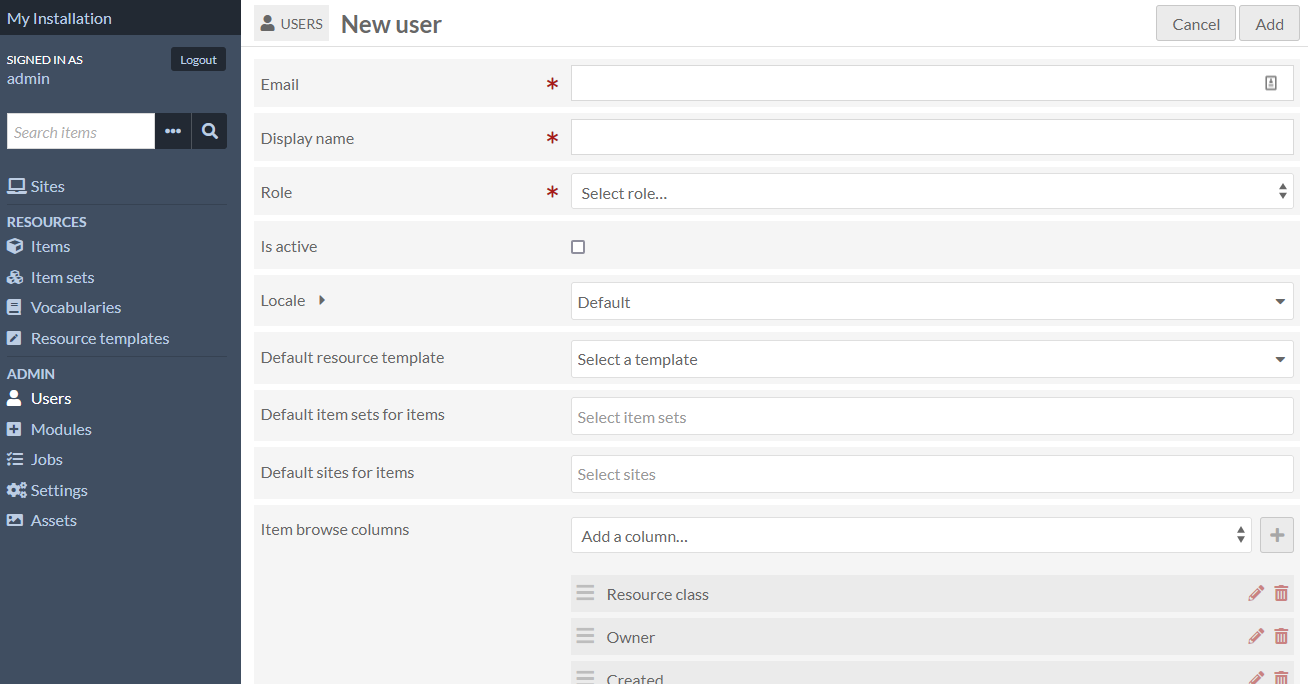 Add new user form with fields as described